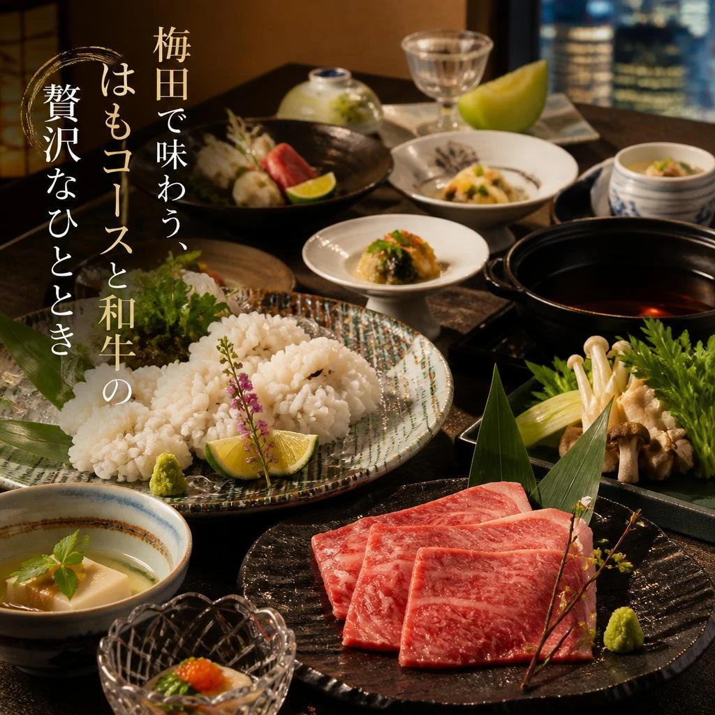 梅田で味わう、はもコースと和牛の贅沢なひととき