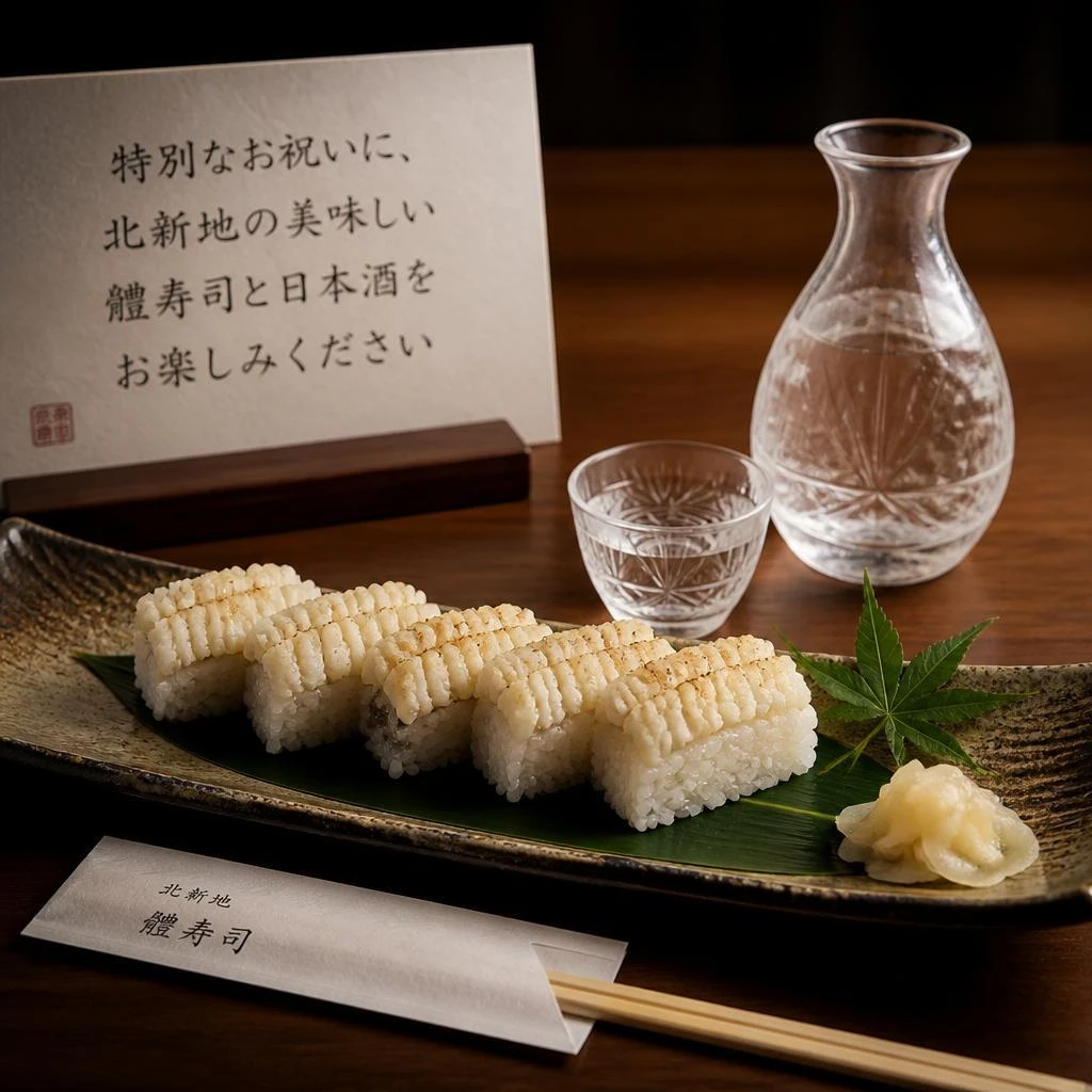 特別なお祝いに、北新地の美味しい鱧寿司と日本酒をお楽しみください