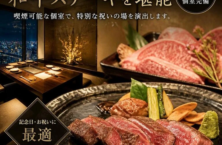 大阪で至福の味わいを体験。喫煙可能な個室で和牛ステーキを堪能し、特別な祝いの場を演出します。
