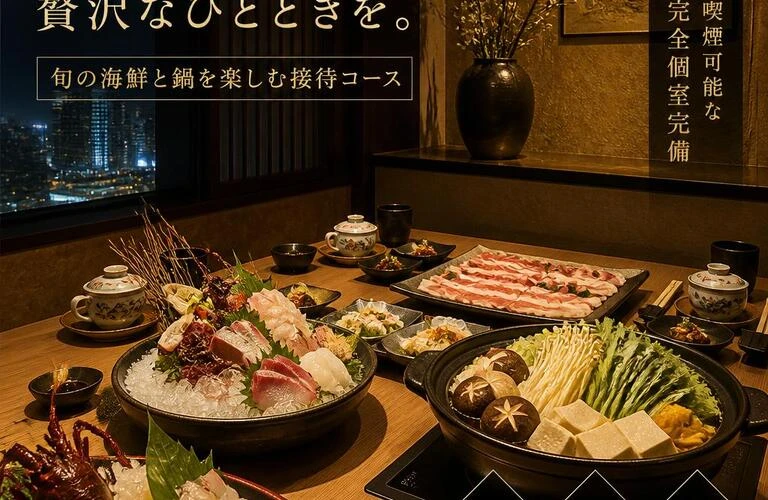 梅田の喫煙可個室で贅沢なひとときを。旬の海鮮と鍋を楽しむ接待コース