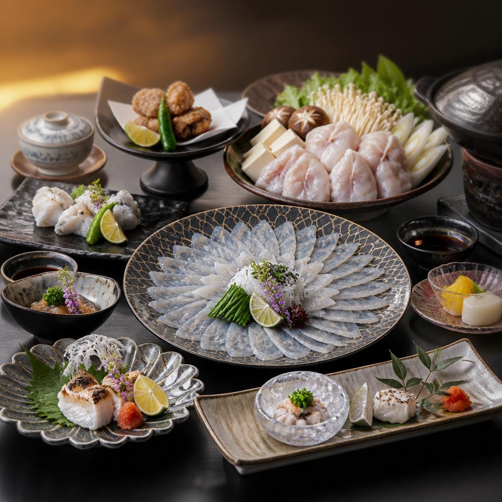 贅沢なふぐコース料理を楽しむシーン