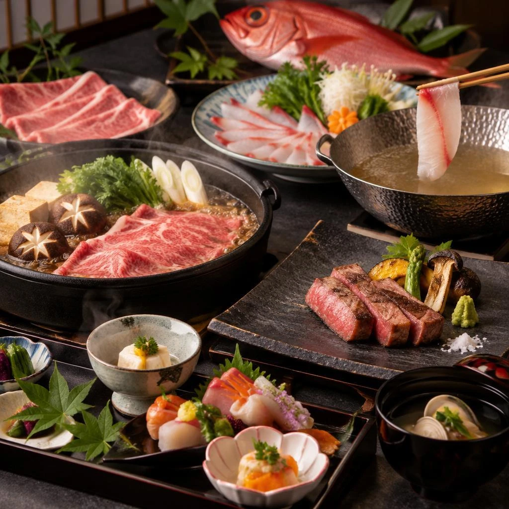 旬を味わう高級コース料理。季節の海鮮と佐賀牛を堪能